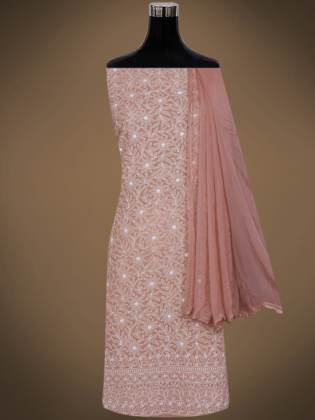 Ada Hand Embroidered Dusty Peach Cotton Lucknowi Chikankari Unstitched Suit Piece 01A844680