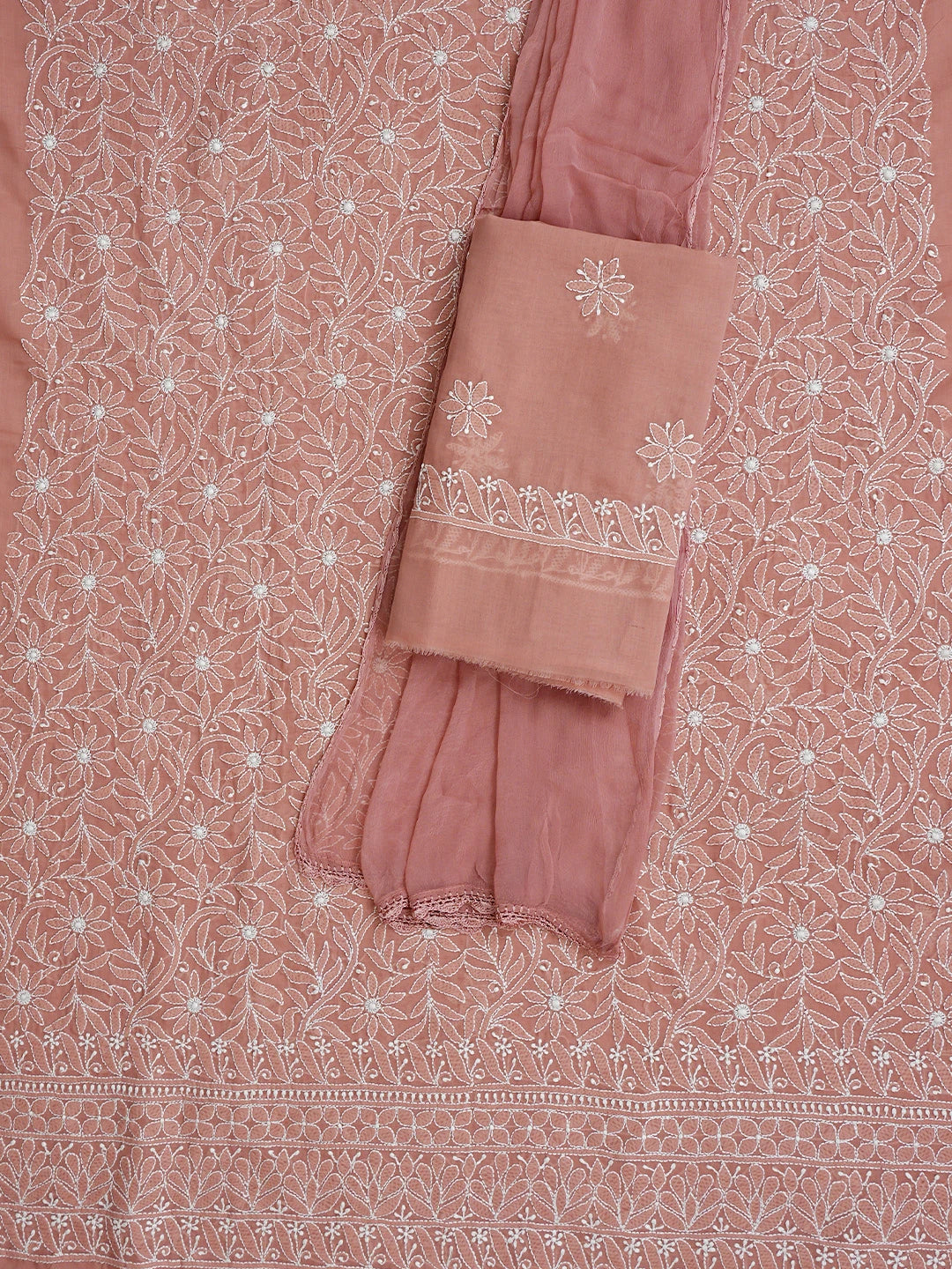 Ada Hand Embroidered Dusty Peach Cotton Lucknowi Chikankari Unstitched Suit Piece 01A844680