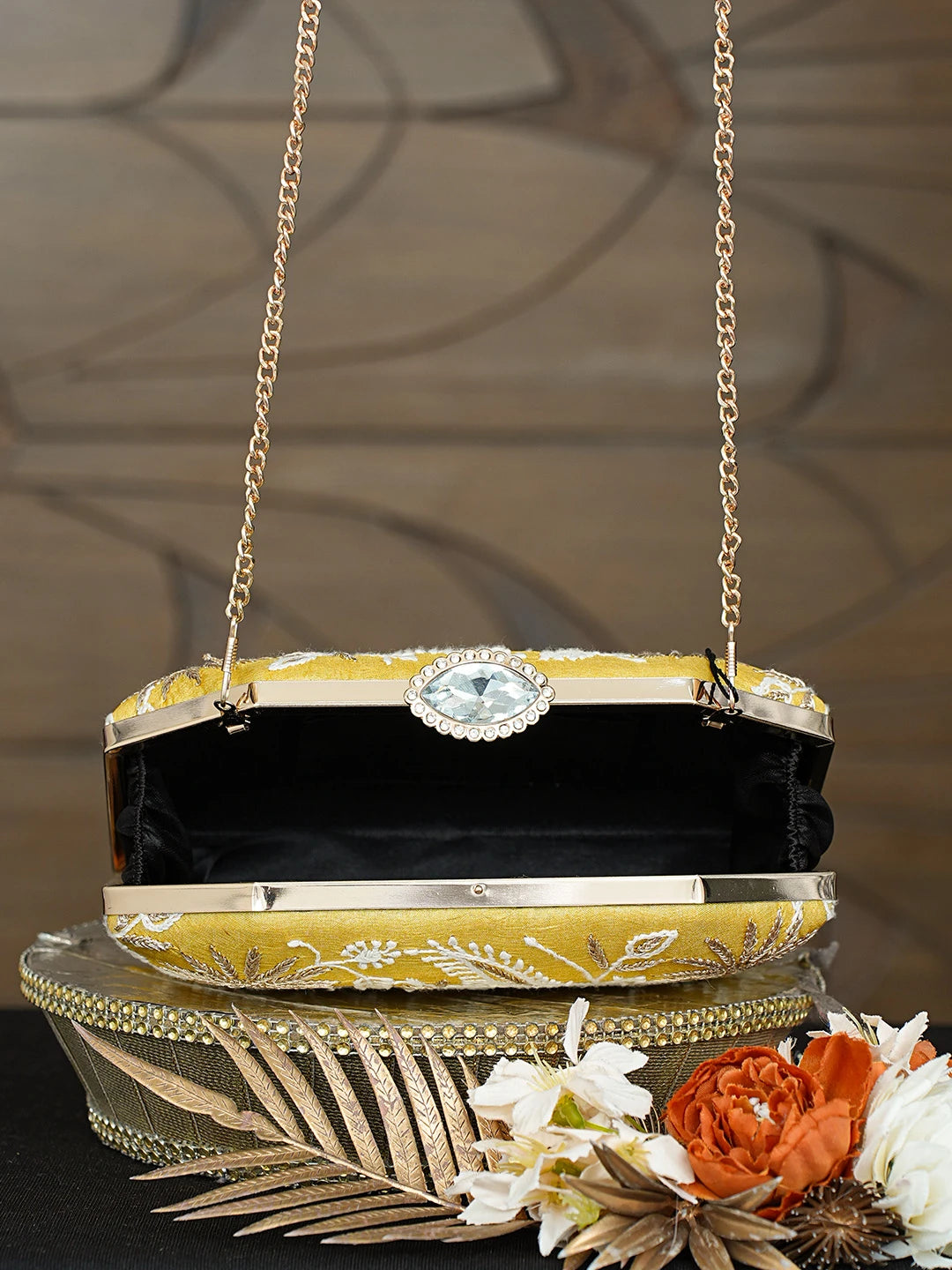 Ada Hand Embroidered Yellow Silk Lucknowi Chikankari Clutch With Zari Taar Work 01A785690