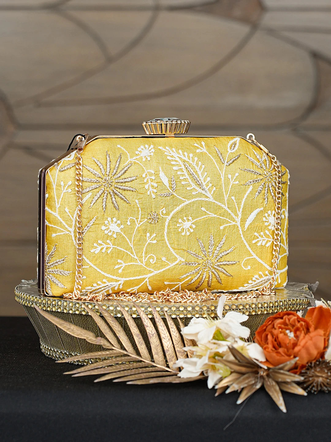Ada Hand Embroidered Yellow Silk Lucknowi Chikankari Clutch With Zari Taar Work 01A785690