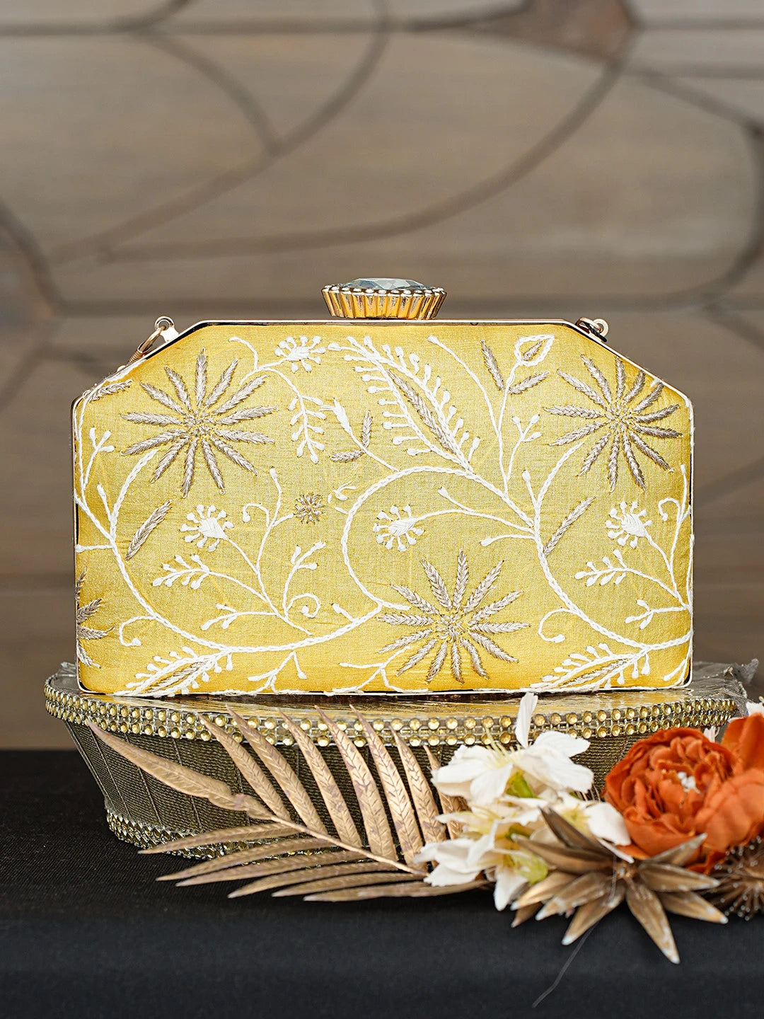Ada Hand Embroidered Yellow Silk Lucknowi Chikankari Clutch With Zari Taar Work 01A785690