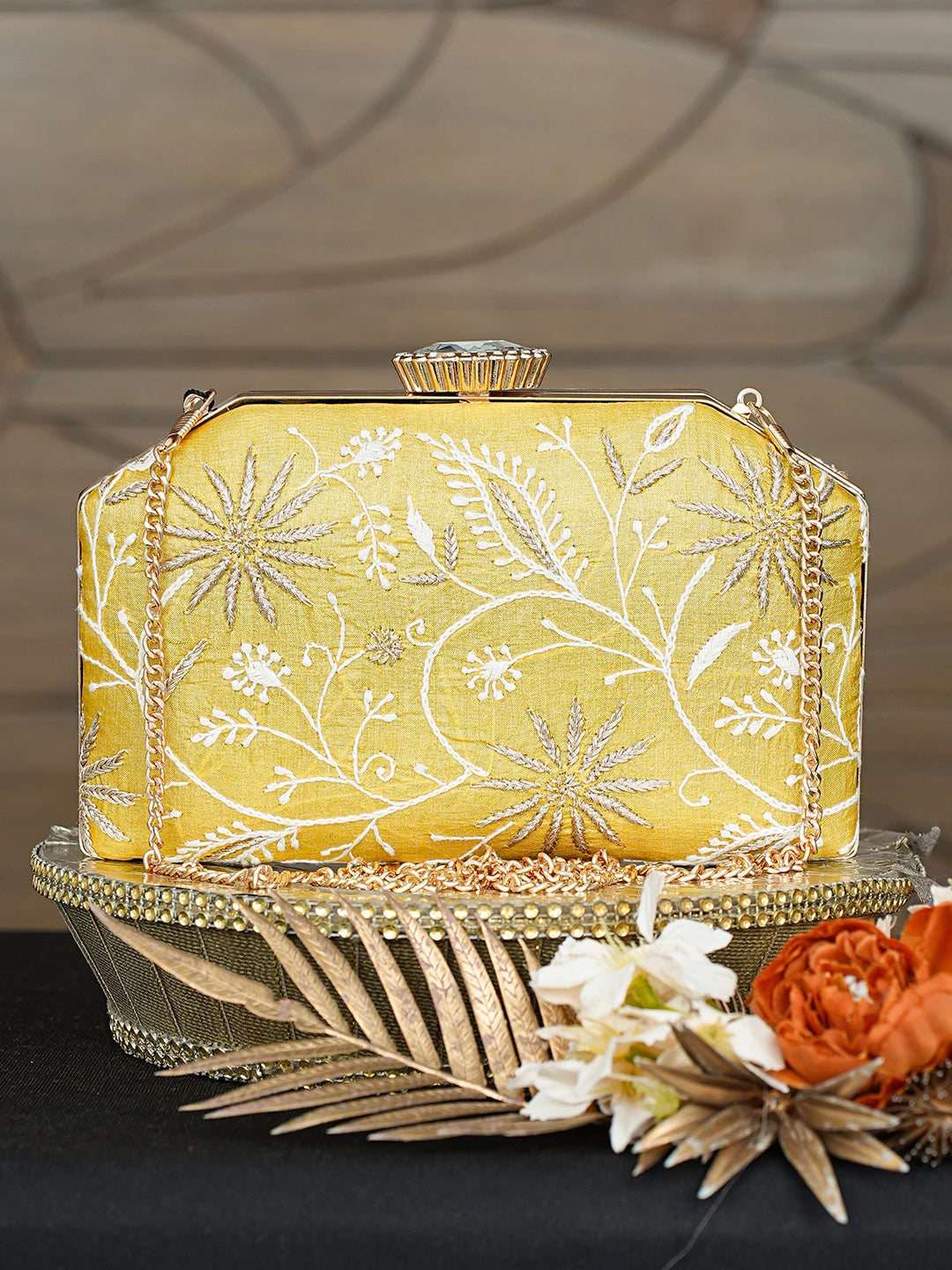 Ada Hand Embroidered Yellow Silk Lucknowi Chikankari Clutch With Zari Taar Work 01A785690