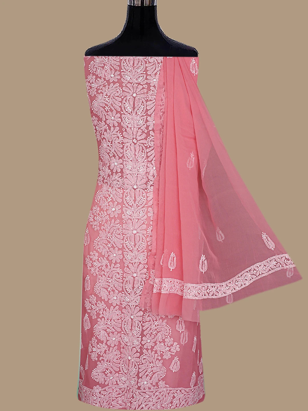 Ada Hand Embroidered Georgia Peach Georgette Lucknowi Chikankari Unstitched Suit Piece 01A843480