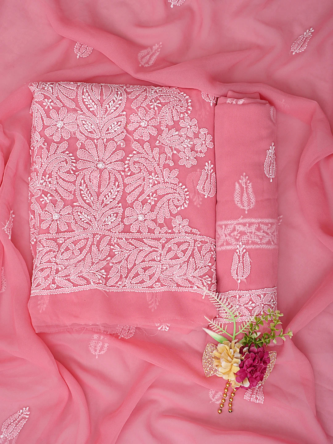 Ada Hand Embroidered Georgia Peach Georgette Lucknowi Chikankari Unstitched Suit Piece 01A843480