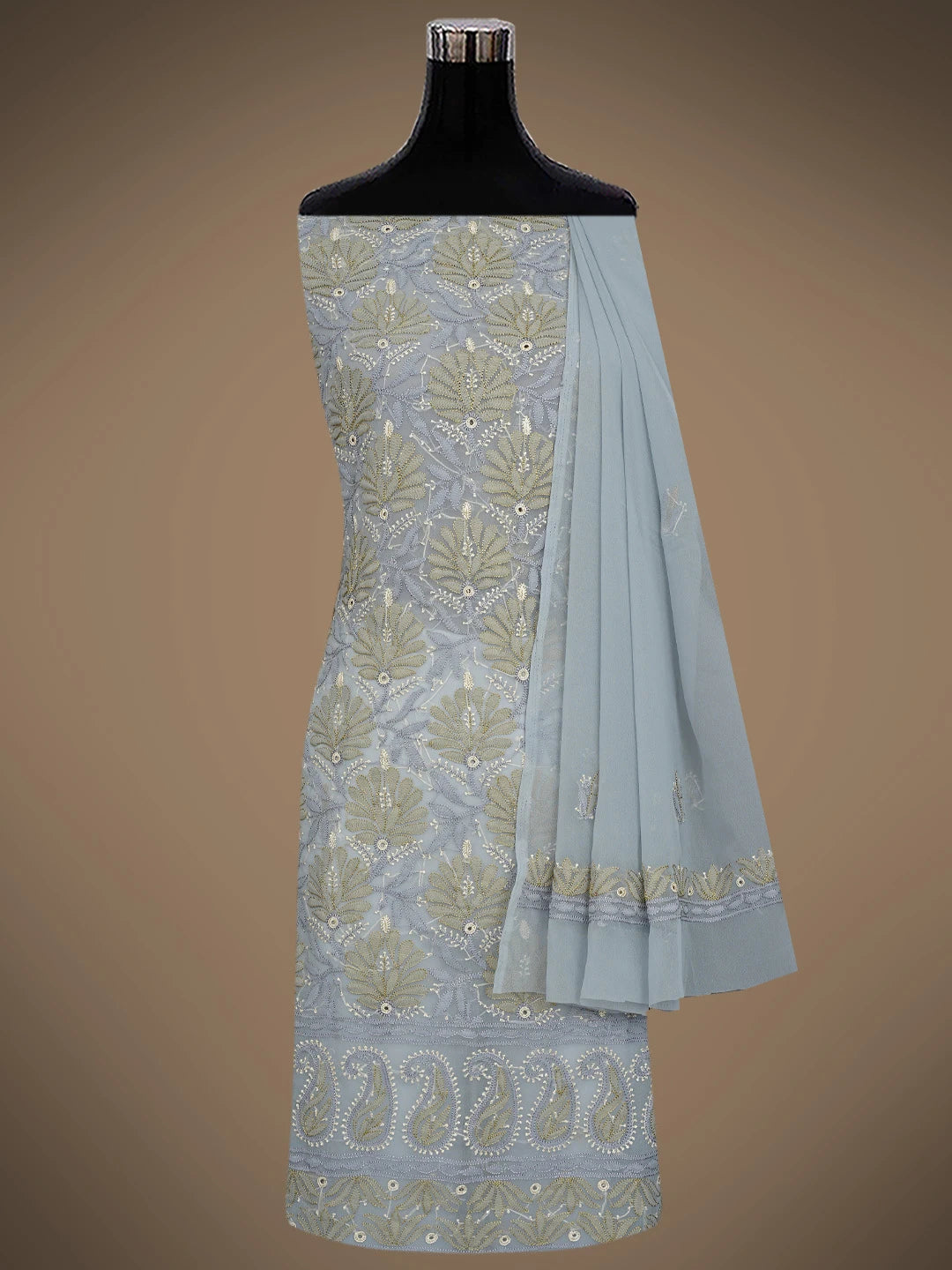 Ada Hand Embroidered Grey Georgette Lucknowi Chikankari Unstitched Suit Piece 01A833128