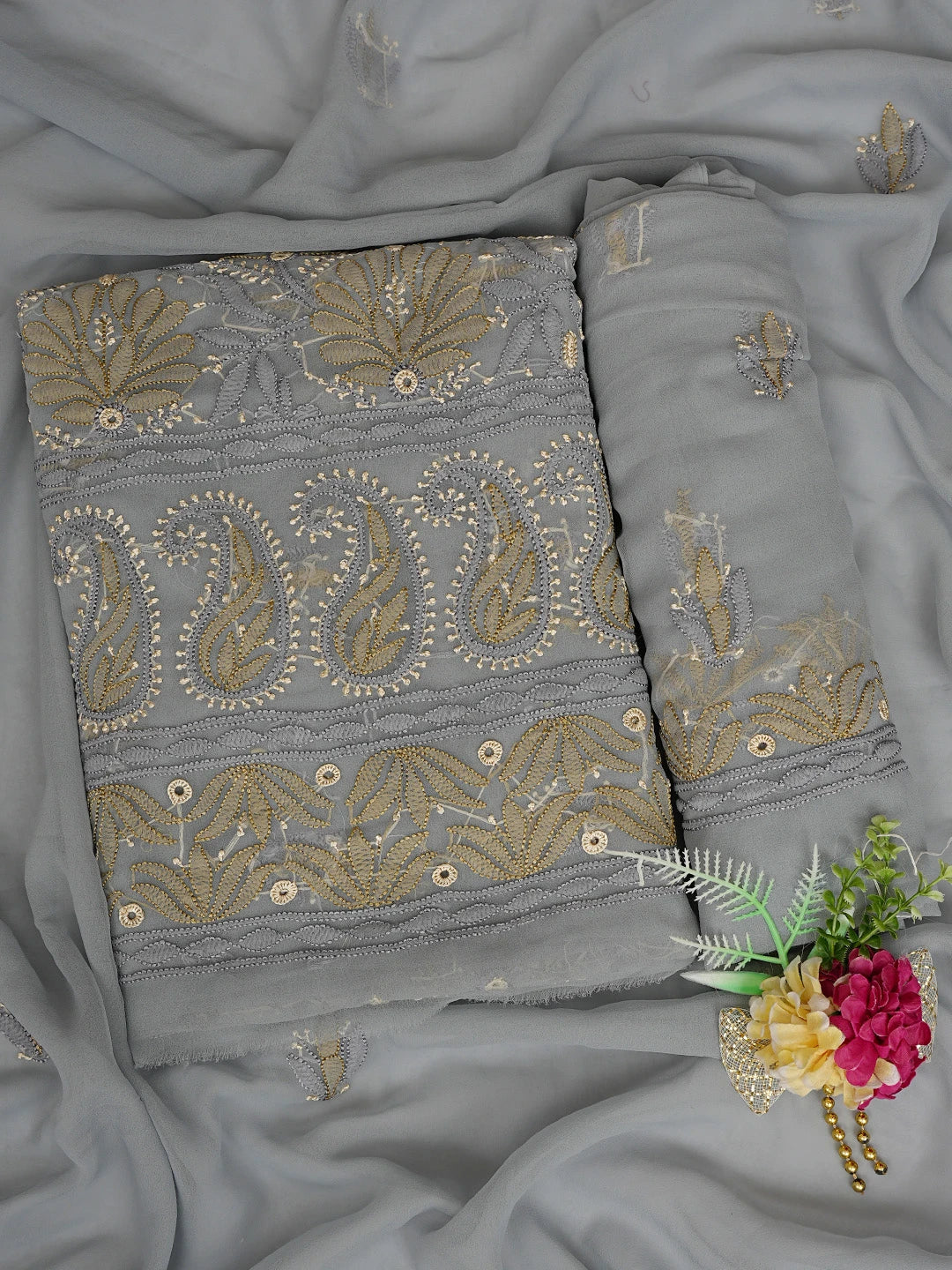 Ada Hand Embroidered Grey Georgette Lucknowi Chikankari Unstitched Suit Piece 01A833128
