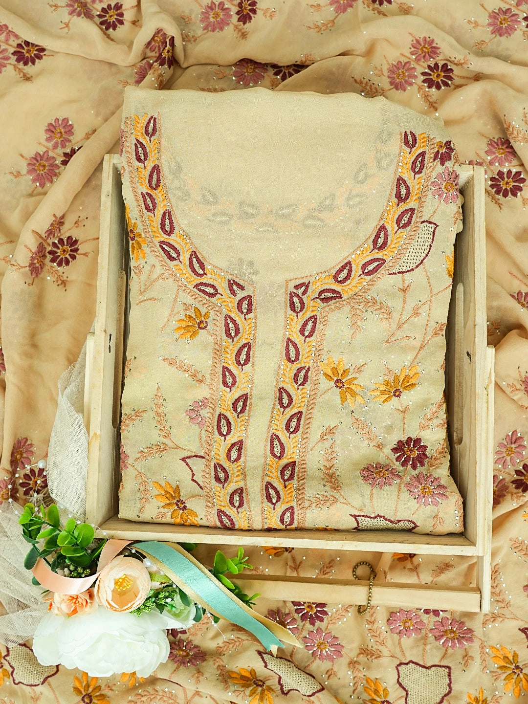 Ada Hand Embroidered Fawn Pure Georgette Lucknowi Chikankari Unstitched Kurta Dupatta Set With Mukaish Work 01A381238