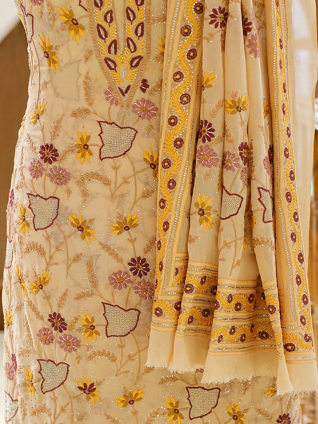 Ada Hand Embroidered Fawn Pure Georgette Lucknowi Chikankari Unstitched Kurta Dupatta Set With Mukaish Work 01A381238