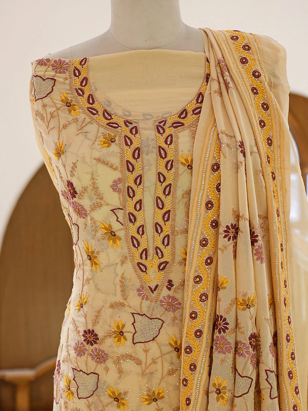 Ada Hand Embroidered Fawn Pure Georgette Lucknowi Chikankari Unstitched Kurta Dupatta Set With Mukaish Work 01A381238