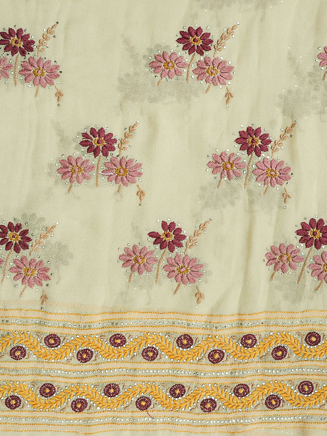 Ada Hand Embroidered Fawn Pure Georgette Lucknowi Chikankari Unstitched Kurta Dupatta Set With Mukaish Work 01A381238