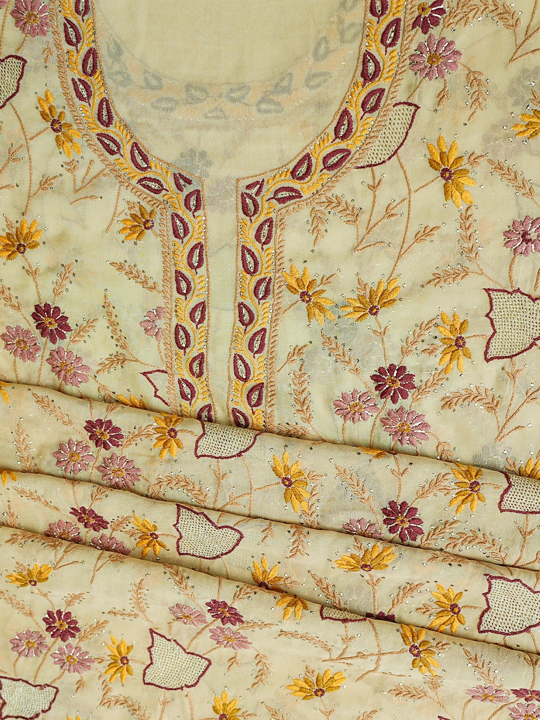 Ada Hand Embroidered Fawn Pure Georgette Lucknowi Chikankari Unstitched Kurta Dupatta Set With Mukaish Work 01A381238