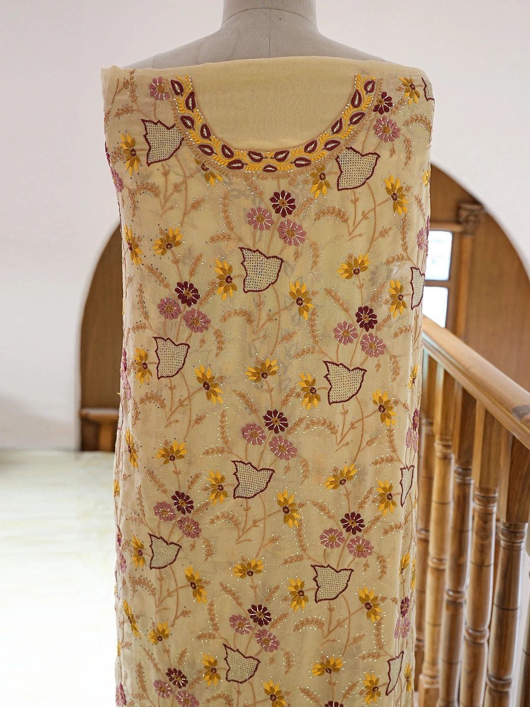 Ada Hand Embroidered Fawn Pure Georgette Lucknowi Chikankari Unstitched Kurta Dupatta Set With Mukaish Work 01A381238