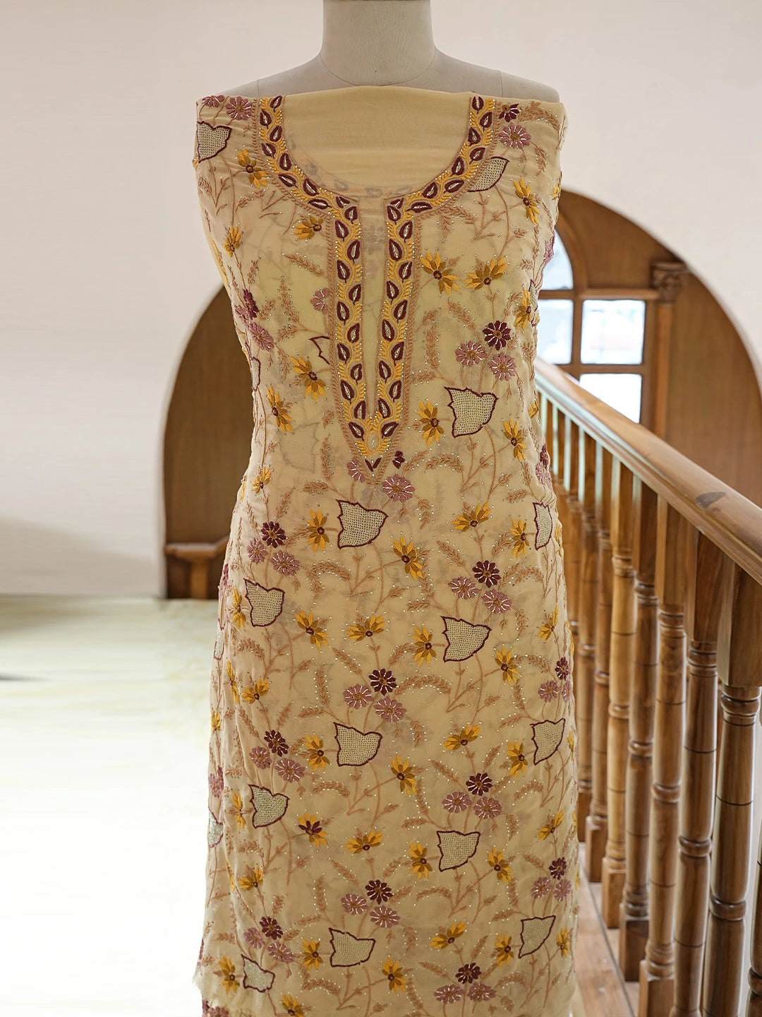Ada Hand Embroidered Fawn Pure Georgette Lucknowi Chikankari Unstitched Kurta Dupatta Set With Mukaish Work 01A381238