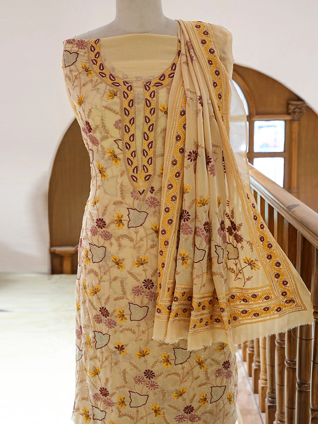 Ada Hand Embroidered Fawn Pure Georgette Lucknowi Chikankari Unstitched Kurta Dupatta Set With Mukaish Work 01A381238
