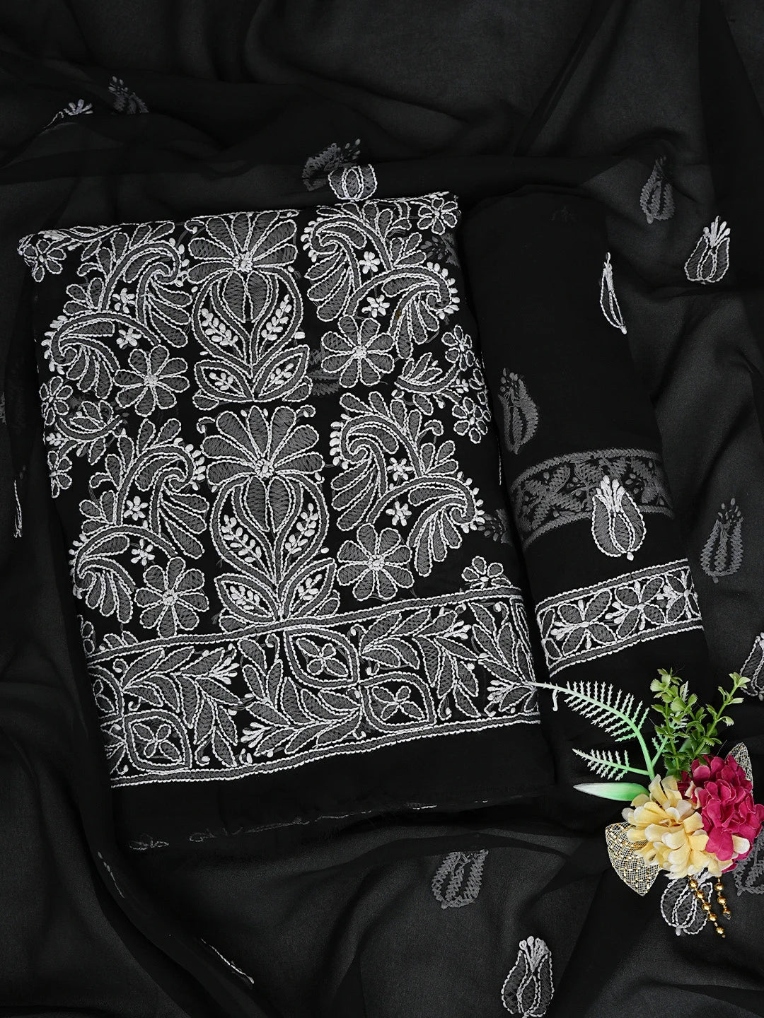 Ada Hand Embroidered Black Georgette Lucknowi Chikankari Unstitched Suit Piece 01A843442