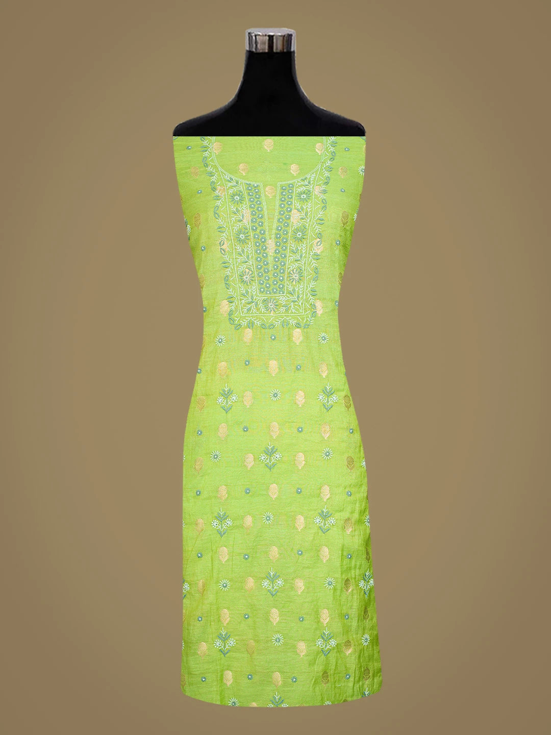 Ada Hand Embroidered Green Chanderi Lucknowi Chikankari Unstitched Suit Piece 01A313761