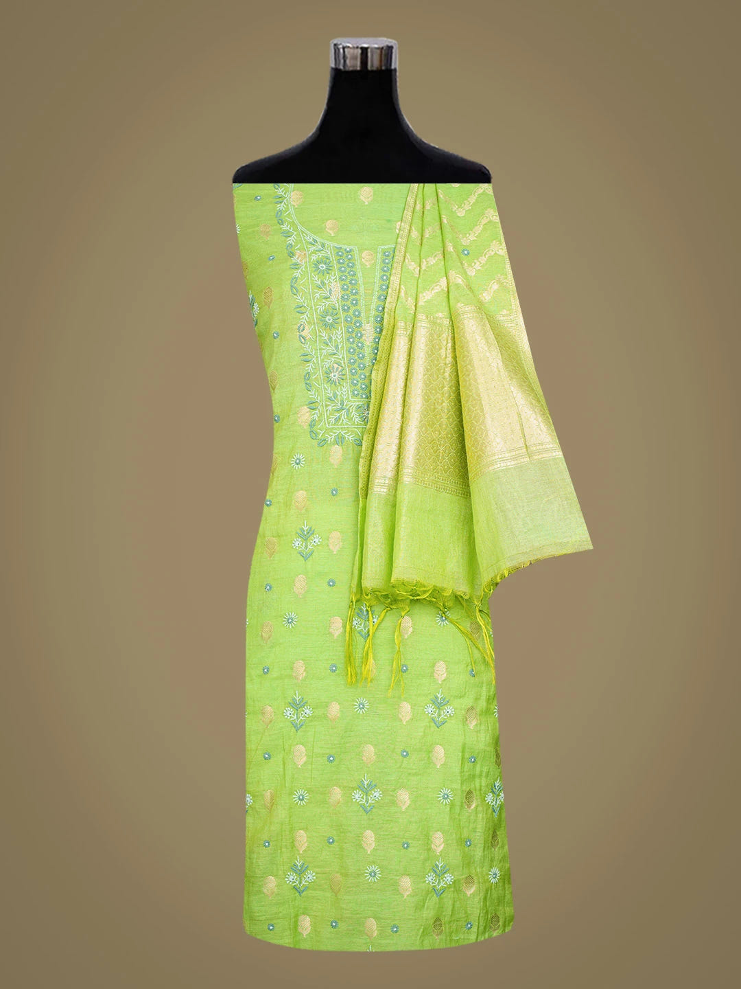 Ada Hand Embroidered Green Chanderi Lucknowi Chikankari Unstitched Suit Piece 01A313761