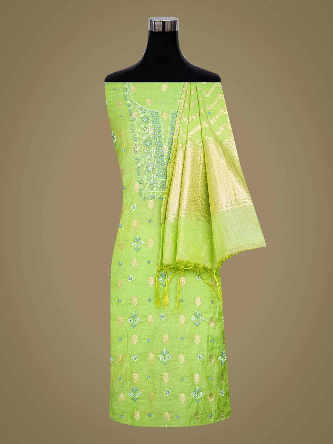 Ada Hand Embroidered Green Chanderi Lucknowi Chikankari Unstitched Suit Piece 01A313761