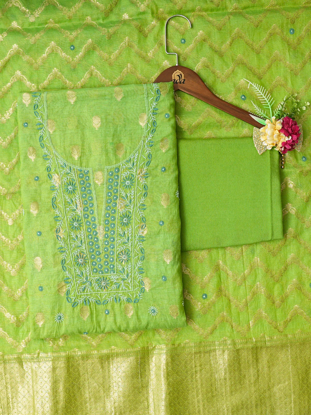 Ada Hand Embroidered Green Chanderi Lucknowi Chikankari Unstitched Suit Piece 01A313761