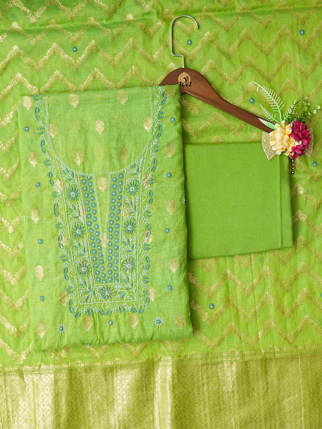 Ada Hand Embroidered Green Chanderi Lucknowi Chikankari Unstitched Suit Piece 01A313761