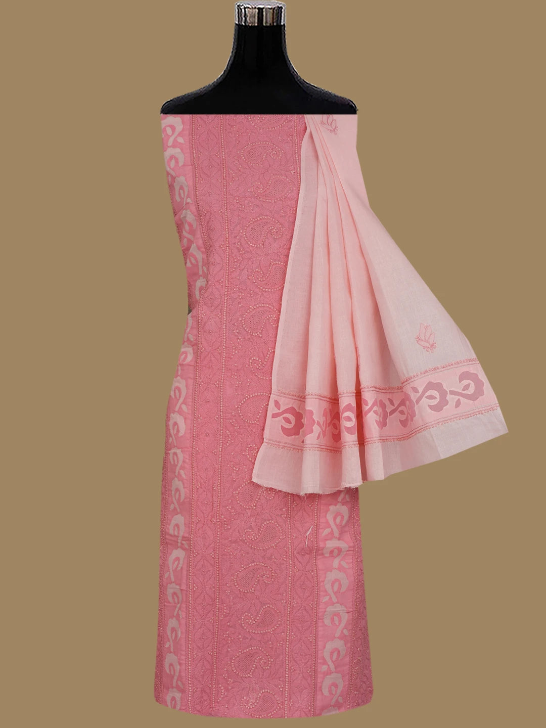 Ada Hand Embroidered Carrot Pink Cotton Lucknowi Chikankari Unstitched Suit Piece 01A845209
