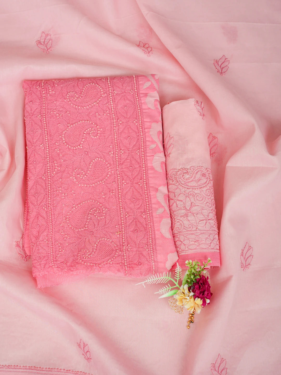 Ada Hand Embroidered Carrot Pink Cotton Lucknowi Chikankari Unstitched Suit Piece 01A845209