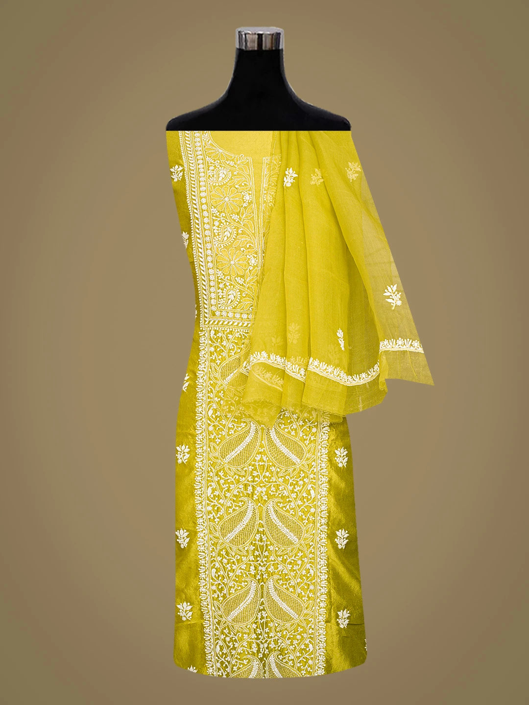 Ada Hand Embroidered Green Silk Lucknowi Chikankari Unstitched Kurta Dupatta Set 01A580706