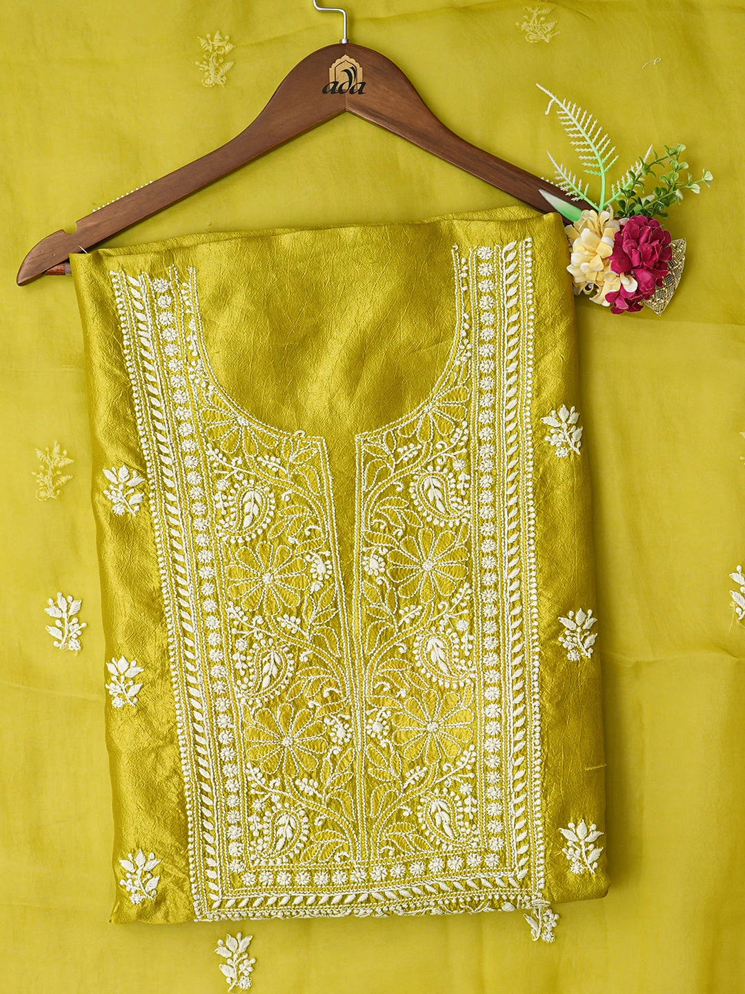 Ada Hand Embroidered Green Silk Lucknowi Chikankari Unstitched Kurta Dupatta Set 01A580706