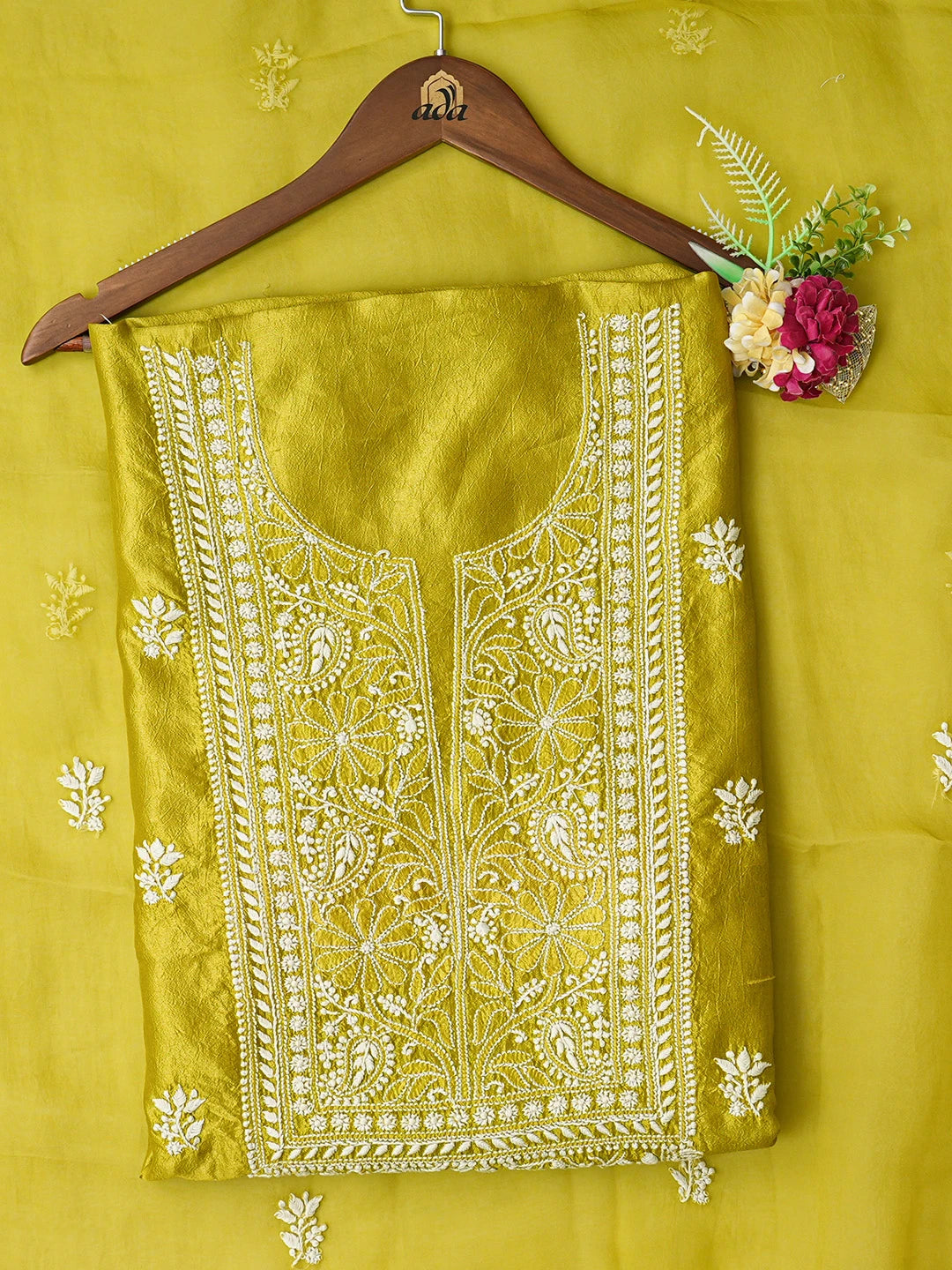 Ada Hand Embroidered Green Silk Lucknowi Chikankari Unstitched Kurta Dupatta Set 01A580706