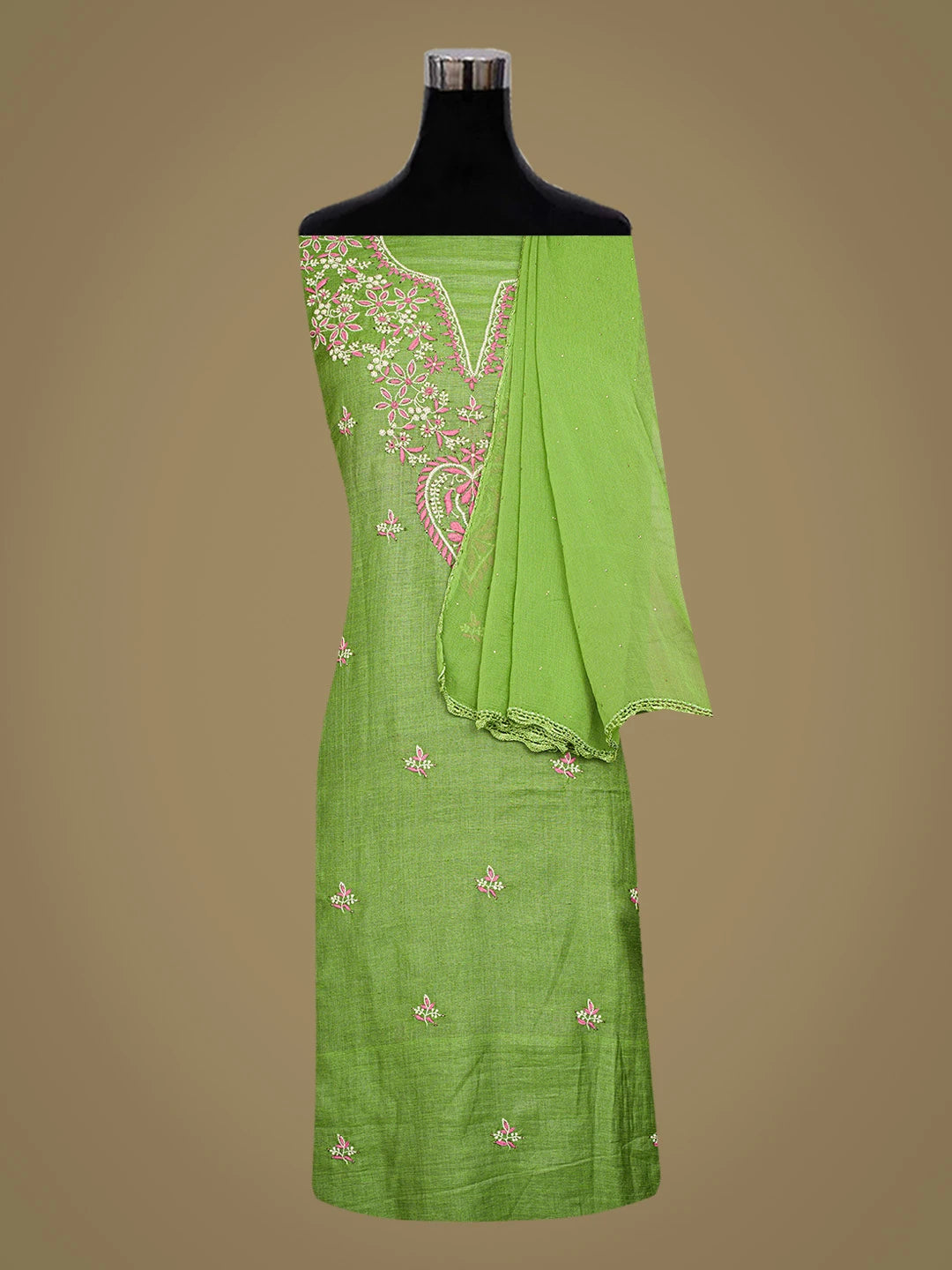 Ada Hand Embroidered Green Silk Lucknowi Chikankari Unstitched Suit Piece With Mukaish Work 01A493228