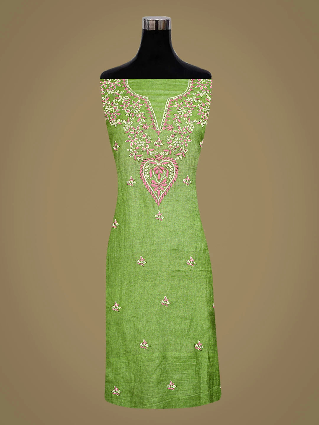 Ada Hand Embroidered Green Silk Lucknowi Chikankari Unstitched Suit Piece With Mukaish Work 01A493228
