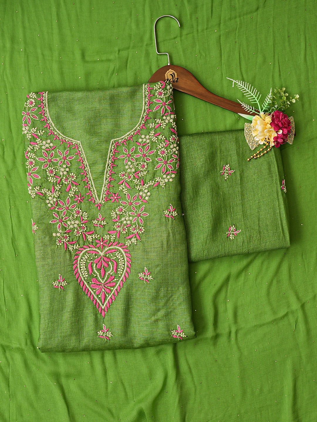 Ada Hand Embroidered Green Silk Lucknowi Chikankari Unstitched Suit Piece With Mukaish Work 01A493228