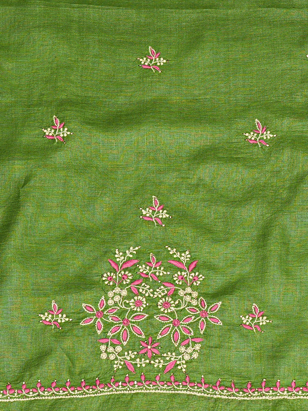 Ada Hand Embroidered Green Silk Lucknowi Chikankari Unstitched Suit Piece With Mukaish Work 01A493228