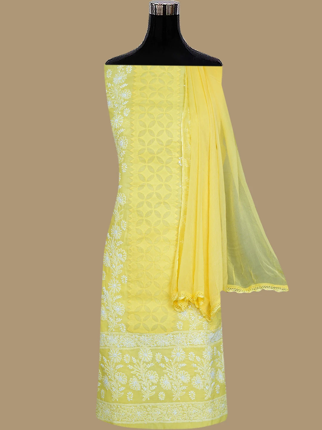 Ada Hand Embroidered Yellow Cotton Lucknowi Chikankari Unstitched Suit Piece 01A844676