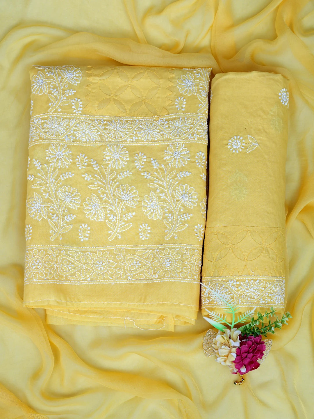 Ada Hand Embroidered Yellow Cotton Lucknowi Chikankari Unstitched Suit Piece 01A844676