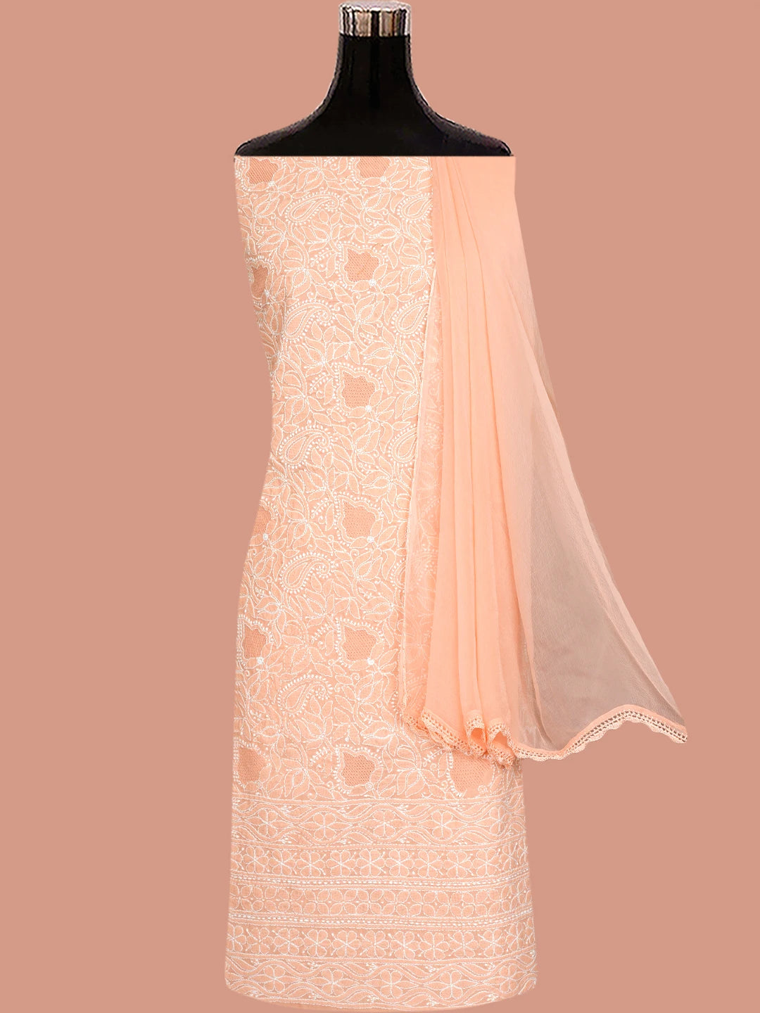 Ada Hand Embroidered Creamy Peach Cotton Lucknowi Chikankari Unstitched Suit Piece 01A844691