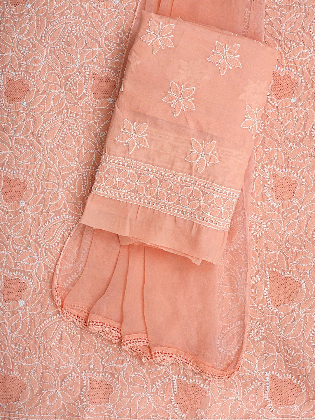 Ada Hand Embroidered Creamy Peach Cotton Lucknowi Chikankari Unstitched Suit Piece 01A844691