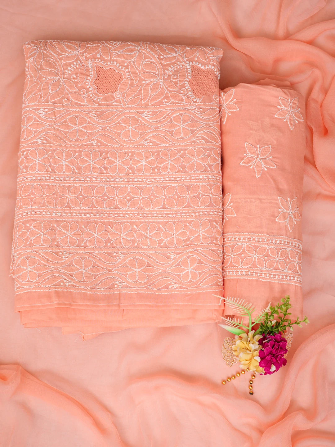 Ada Hand Embroidered Creamy Peach Cotton Lucknowi Chikankari Unstitched Suit Piece 01A844691