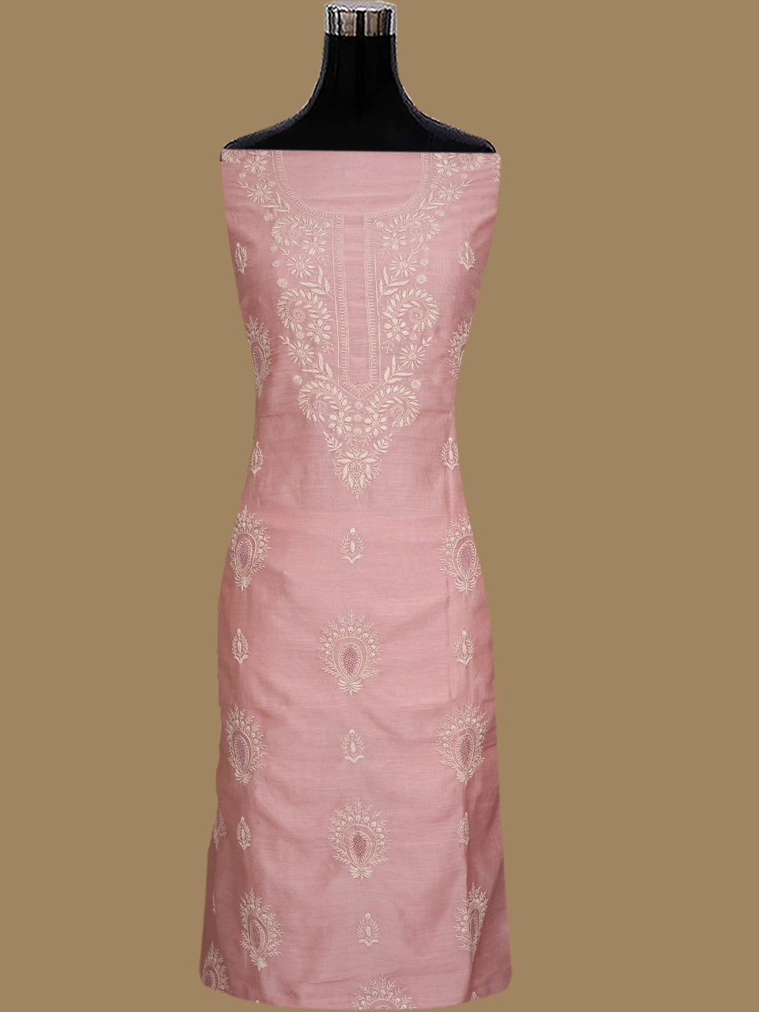 Ada Hand Embroidered Dusty Peach Chanderi Lucknowi Chikankari Unstitched Kurta Dupatta Set 01A837351