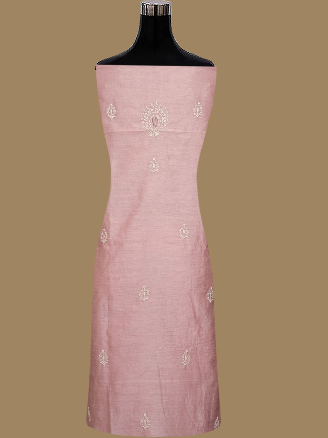 Ada Hand Embroidered Dusty Peach Chanderi Lucknowi Chikankari Unstitched Kurta Dupatta Set 01A837351