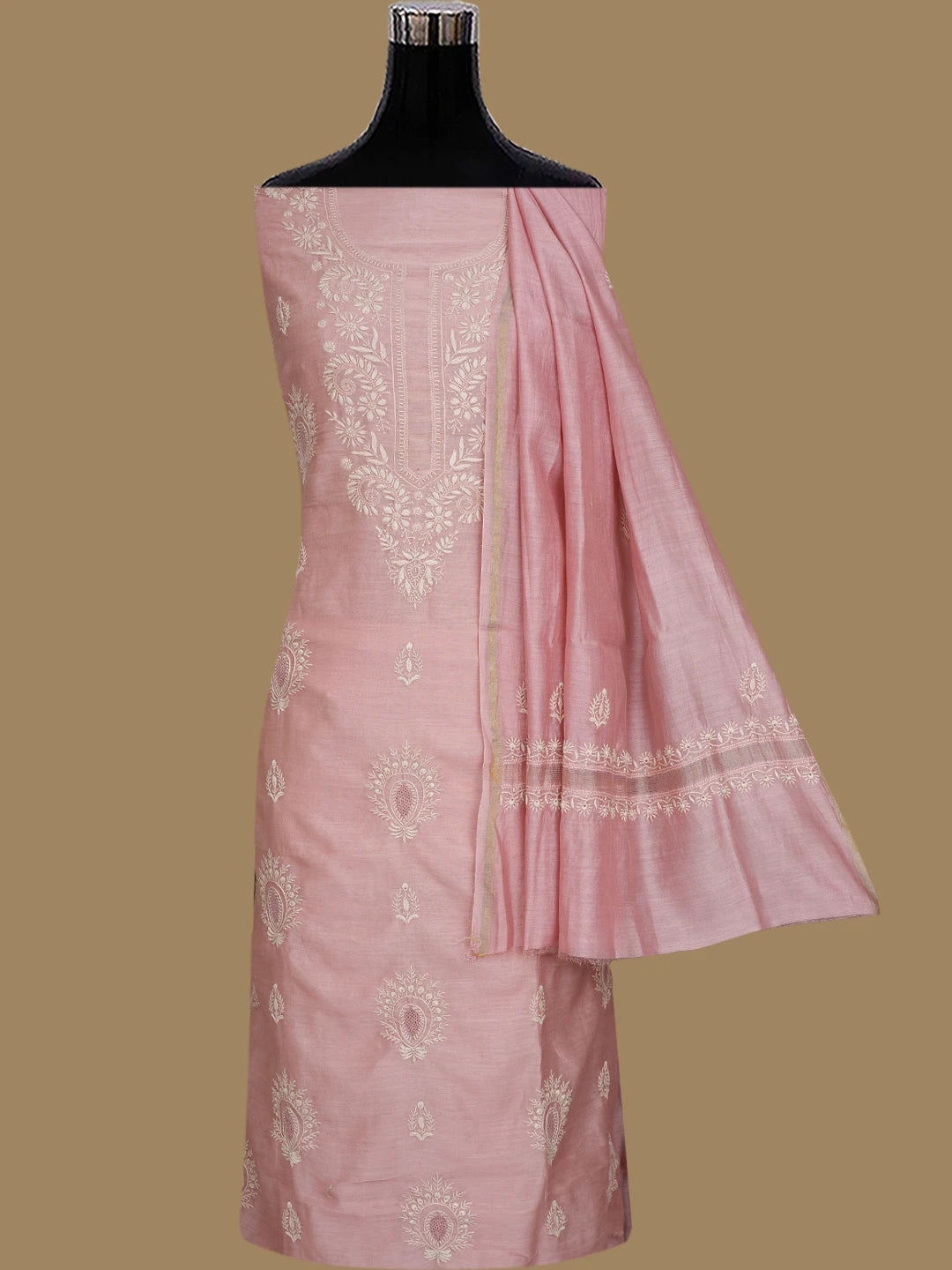 Ada Hand Embroidered Dusty Peach Chanderi Lucknowi Chikankari Unstitched Kurta Dupatta Set 01A837351