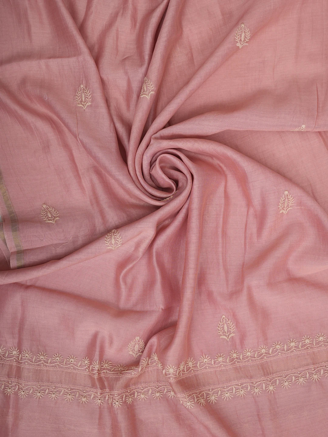 Ada Hand Embroidered Dusty Peach Chanderi Lucknowi Chikankari Unstitched Kurta Dupatta Set 01A837351