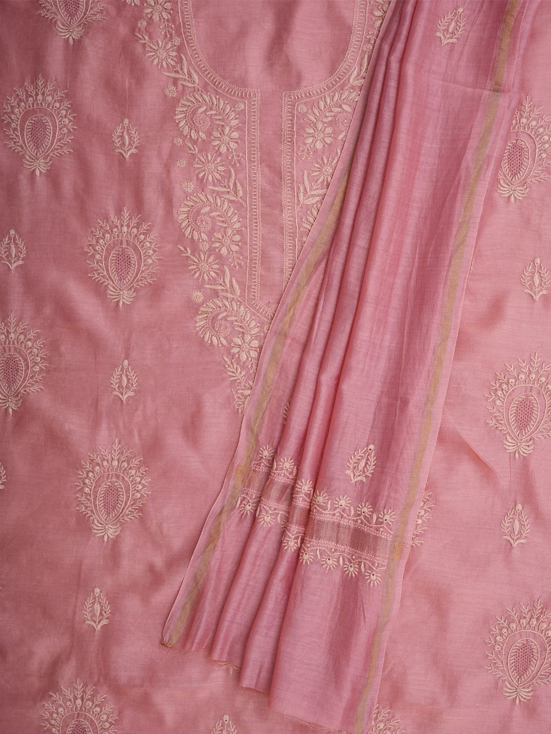 Ada Hand Embroidered Dusty Peach Chanderi Lucknowi Chikankari Unstitched Kurta Dupatta Set 01A837351