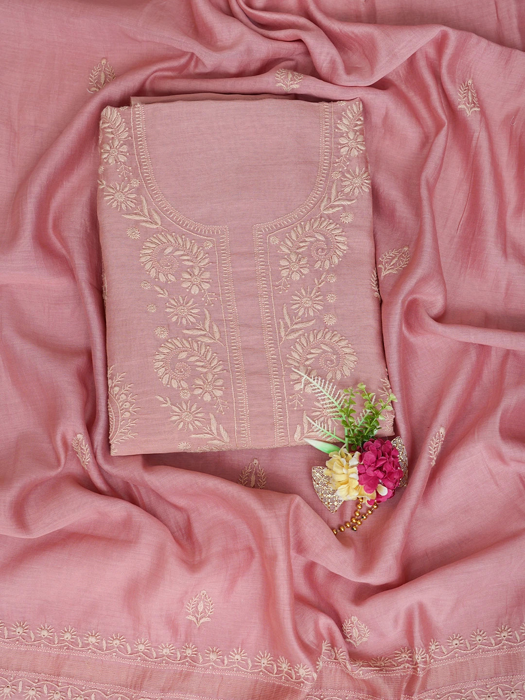 Ada Hand Embroidered Dusty Peach Chanderi Lucknowi Chikankari Unstitched Kurta Dupatta Set 01A837351