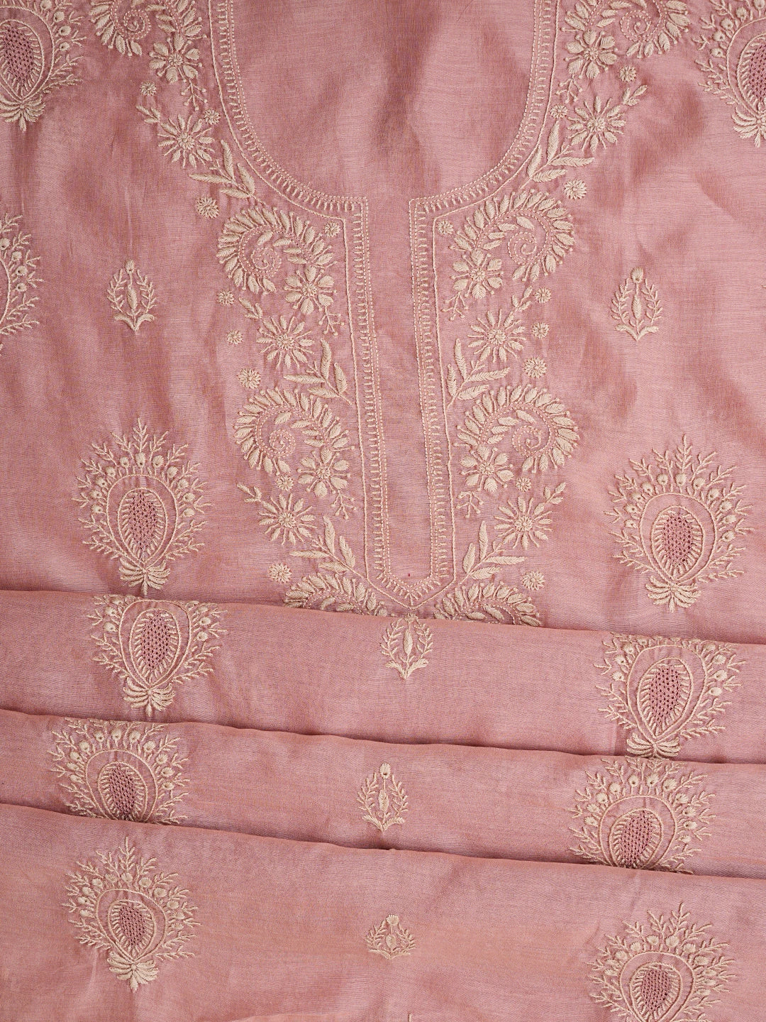 Ada Hand Embroidered Dusty Peach Chanderi Lucknowi Chikankari Unstitched Kurta Dupatta Set 01A837351