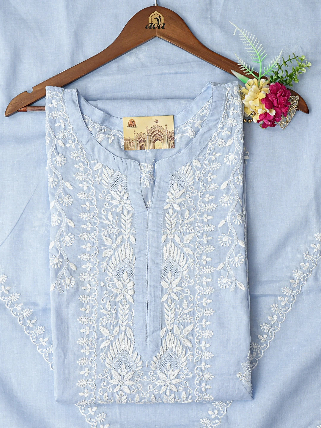 Ada Hand Embroidered Blue Cotton Lucknowi Chikankari Semi-Stitched Kurta Dupatta Set 01A832337
