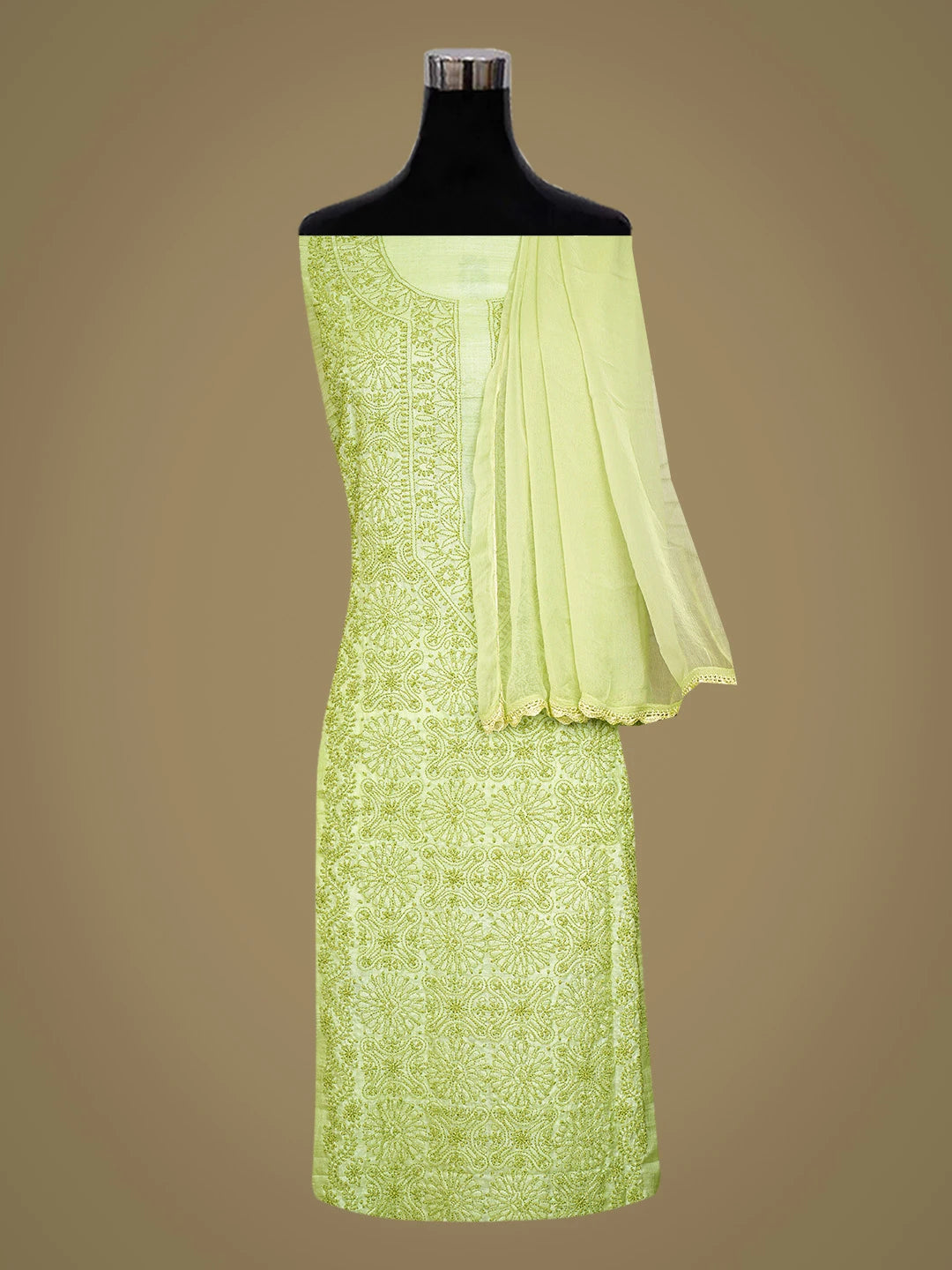 Ada Hand Embroidered Apple Green Silk Lucknowi Chikankari Unstitched Suit Piece 01A815902