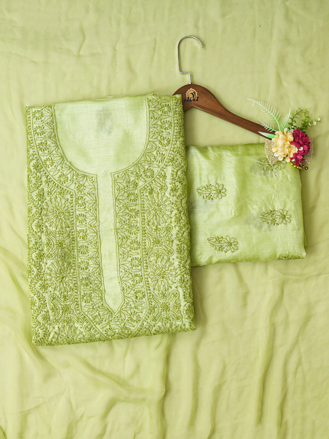 Ada Hand Embroidered Apple Green Silk Lucknowi Chikankari Unstitched Suit Piece 01A815902