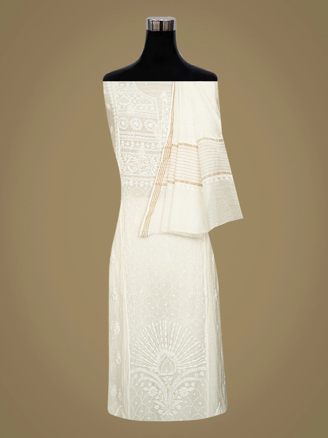 Ada Hand Embroidered White Chanderi Lucknowi Chikankari Semi-Stitched Kurta Dupatta Set With Pearl Work 01A757023