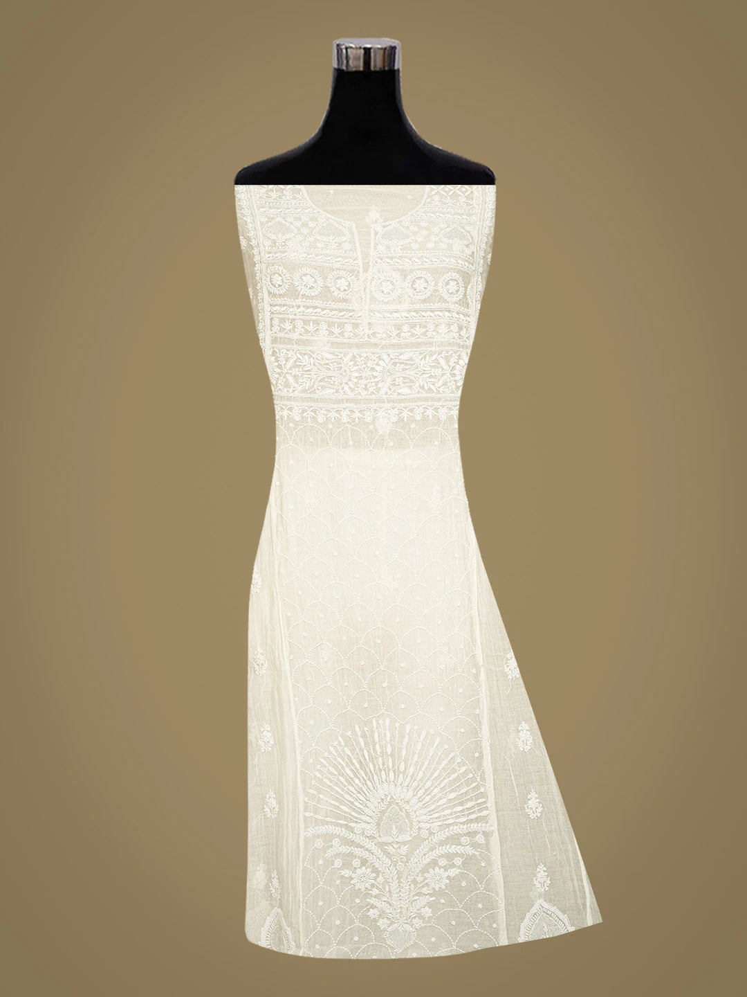 Ada Hand Embroidered White Chanderi Lucknowi Chikankari Semi-Stitched Kurta Dupatta Set With Pearl Work 01A757023